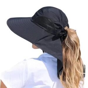 Womens Packable Sun Beach Hat Outdoor UV Protection Wide Brim Ponytail Black